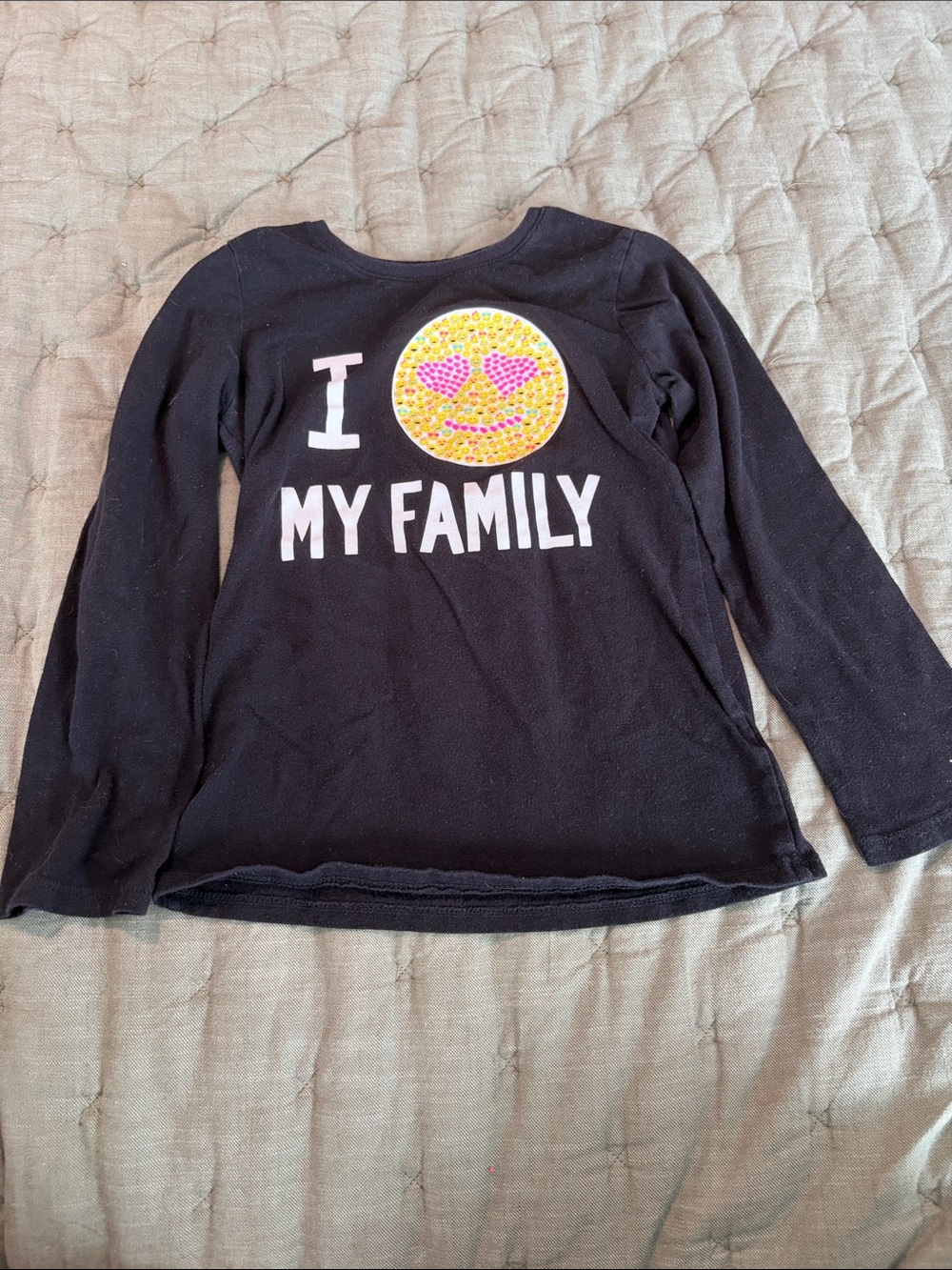 Kids Long-Sleeve Black Tee with Sequin Heart-Eyes Emoji - I Love My Family